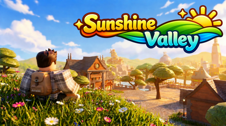 A player character with a backpack sitting on a flowery hillside overlooking the cozy town square of Sunshine Valley at golden hour.